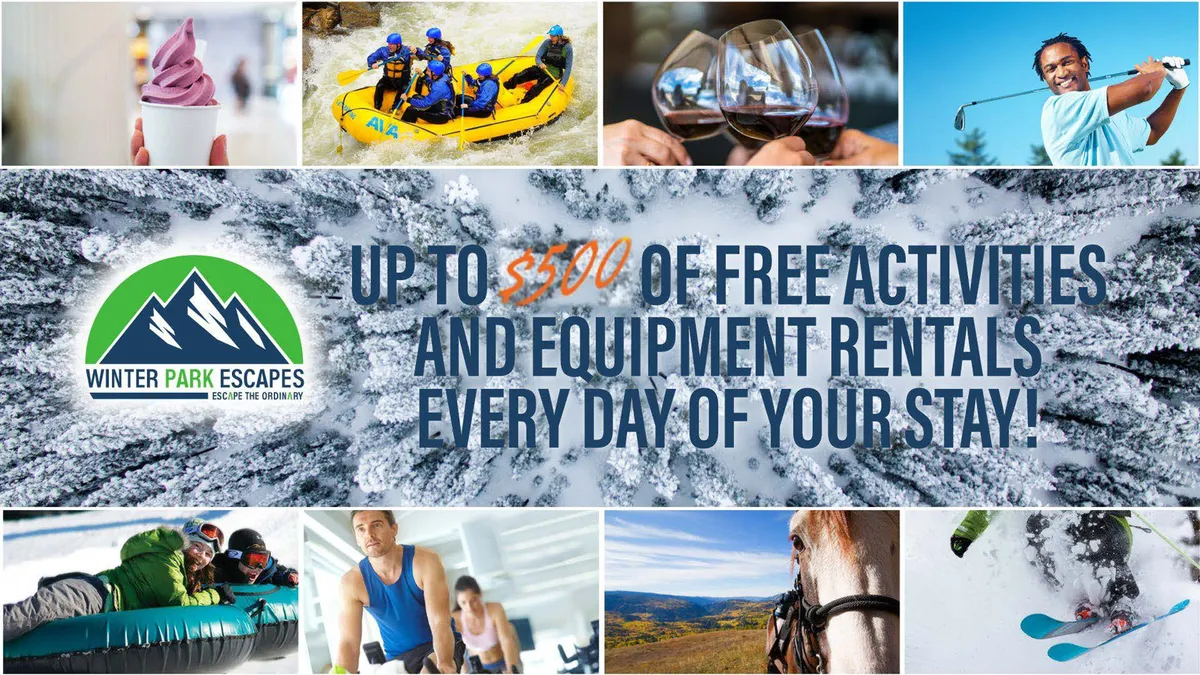 A vibrant composite scene featuring rafting on a rushing river, families skiing down scenic slopes, indulging in ice cream, tasting wine, and golfing. The activities blend both summer and winter pastimes in a Rocky Mountain setting.