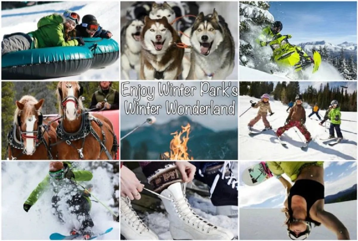 Children and adults are energetically enjoying classic winter activities such as sledding, dog sledding, skiing, snow tubing, and ice skating. The snowy backdrop is alive with laughter and movement, and friendly huskies add a playful touch to the scene.