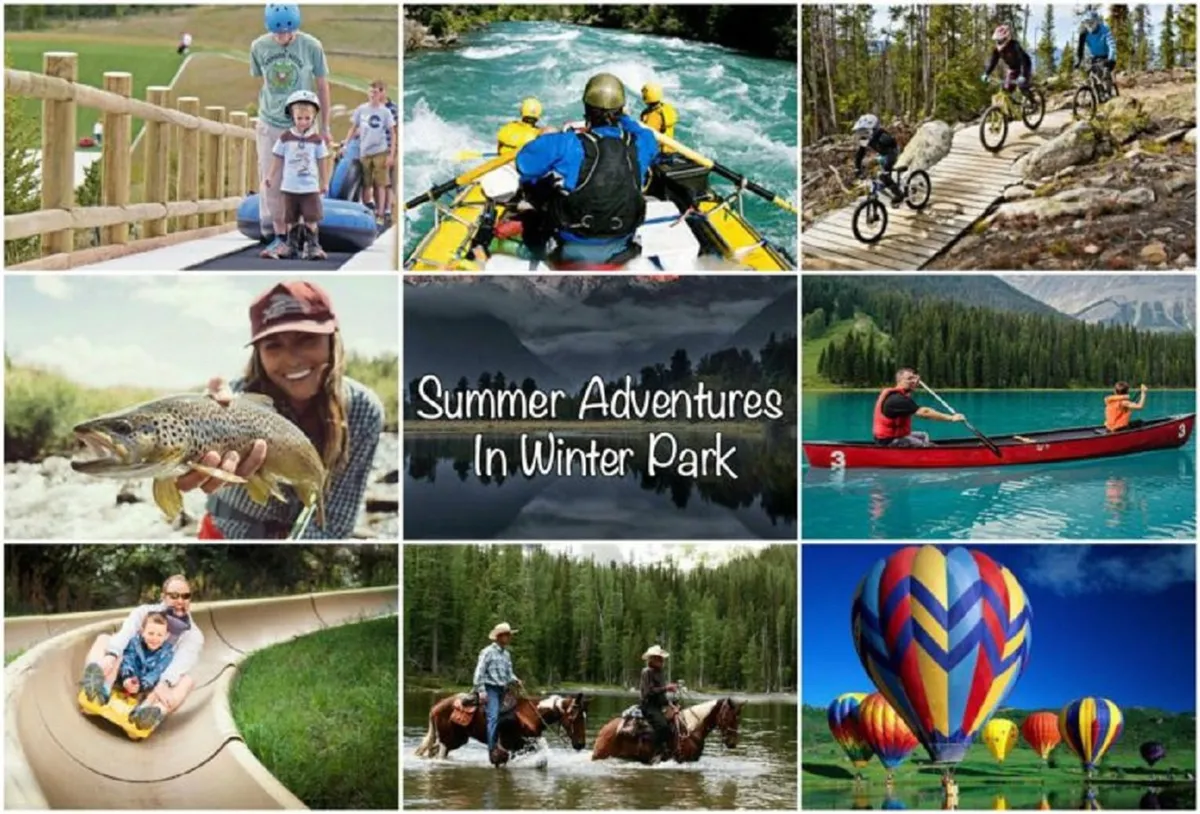 Families and groups engage in a variety of outdoor summer activities, including rafting, biking, fishing, kayaking, and hot air ballooning, set against a stunning mountain and nature backdrop.