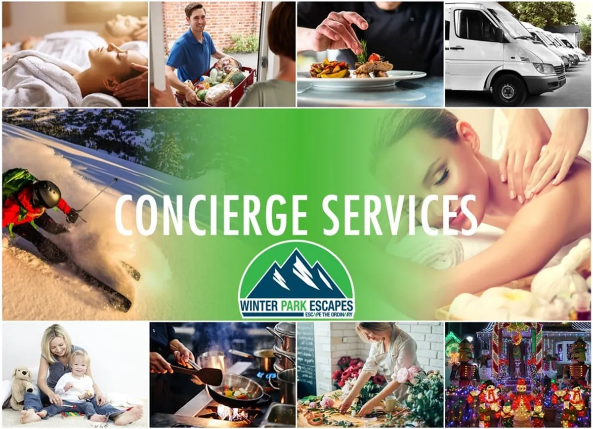 A promotional graphic featuring text about concierge services and a collage of activities including skiing, family fun, spa treatments, and dining, reflecting a variety of experiences available in the area.